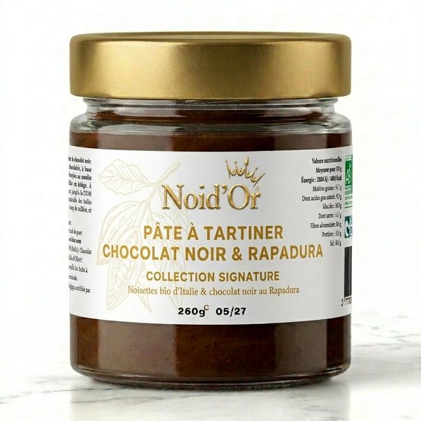 Pâte à tartiner Chocolat Noir & Rapadura Noid'Or — cacao pur et sucre de canne complet, fabrication artisanale Ariège