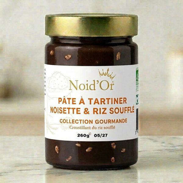 Pâte à tartiner Noisette & Riz Soufflé Noid'Or — texture croustillante, noisettes 60% et éclats de riz soufflé