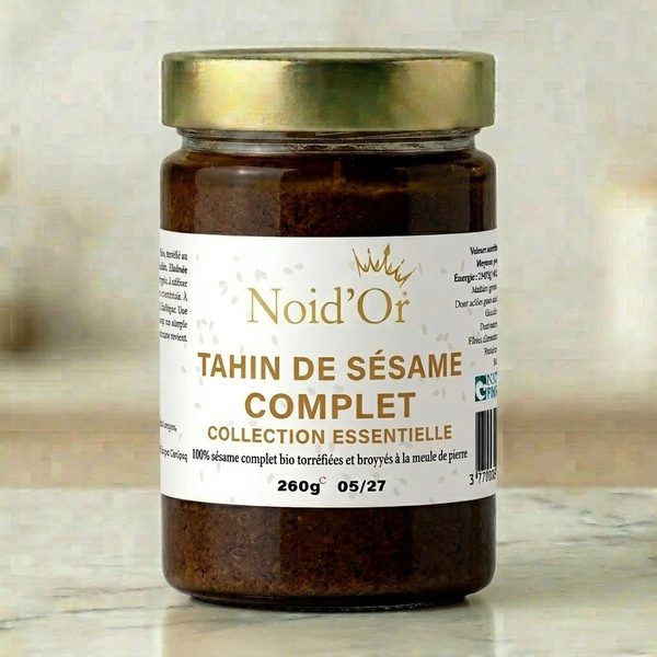 Tahin de Sésame Complet artisanal Noid'Or — sésame complet torréfié et broyé au moulin en pierre, riche en calcium